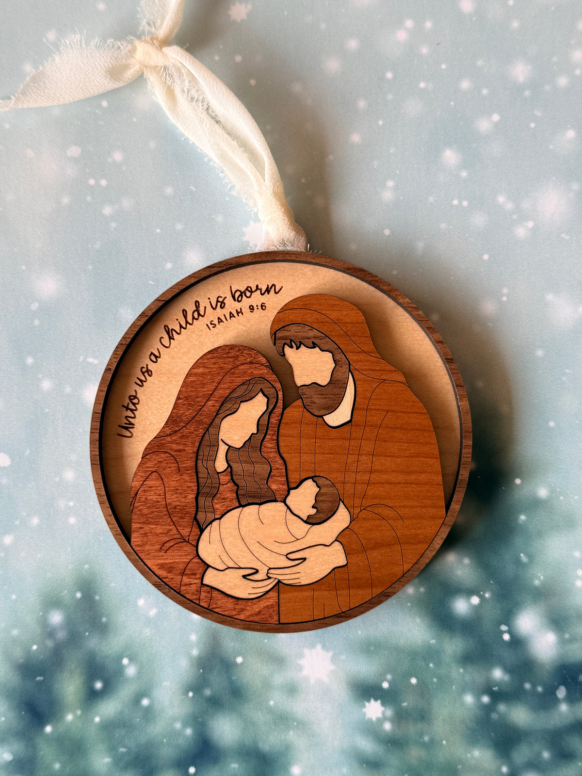 Unto Us a Child Is Born – Layered Wooden Nativity Ornament